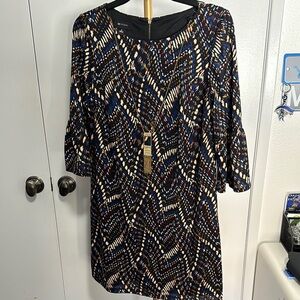 Navy and Black Bell Sleeve Dress with Detachable Gold Necklace